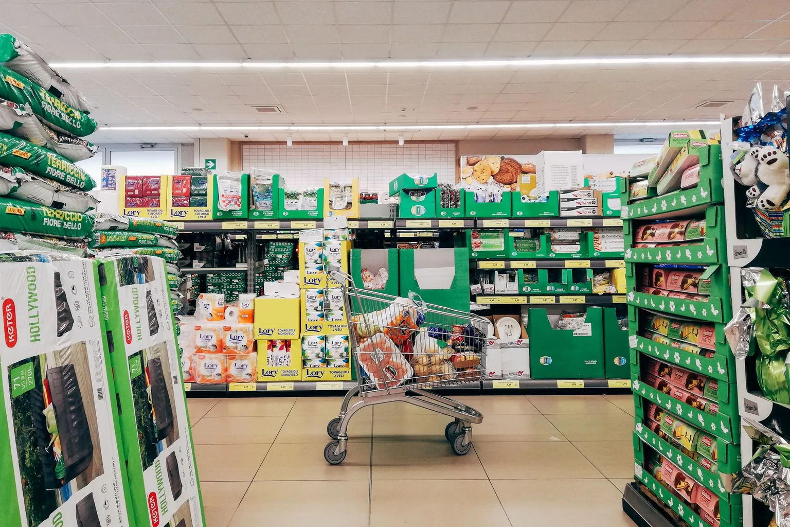 Il carrello a metà corsia, in un supermercato italiano.